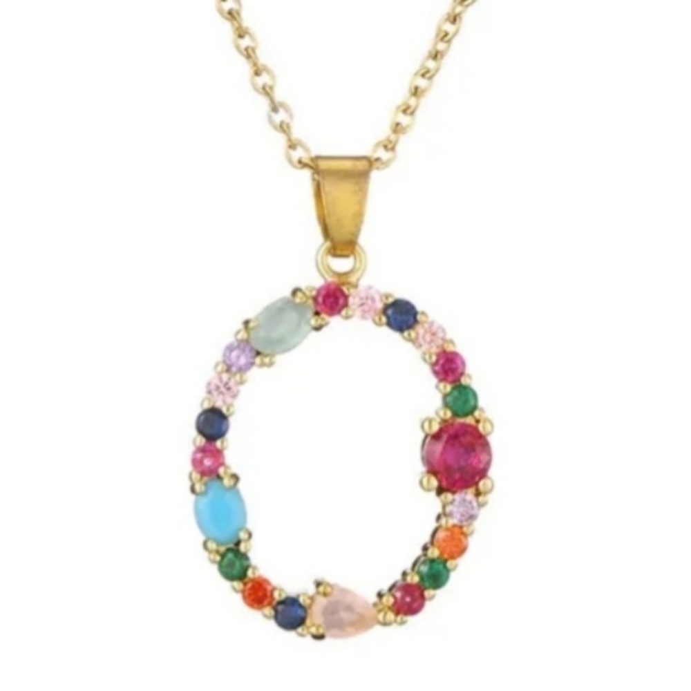 O Initial Pendant Necklace Multicolor Rhinestones Gold Tone Chain